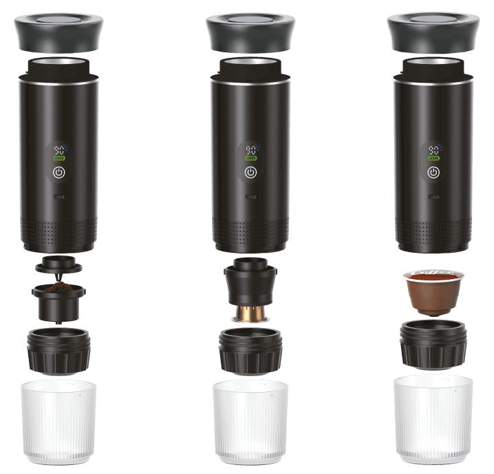 Machine 3-en-1 - Détail des configurations : Petite capsule Nespresso, Grande capsule Dolce Gusto, et Café moulu