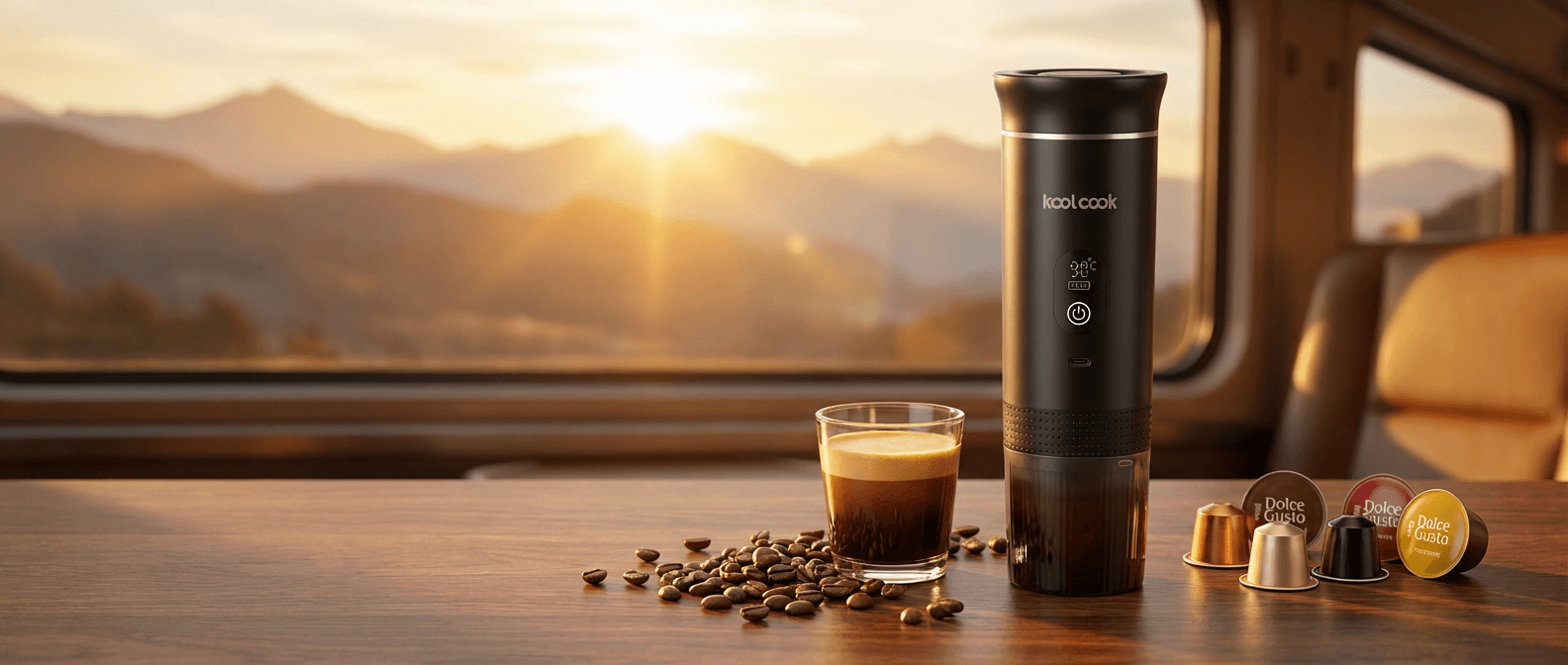 Machine à expresso PCM 31 dans un train avec vue sur les montagnes au coucher du soleil