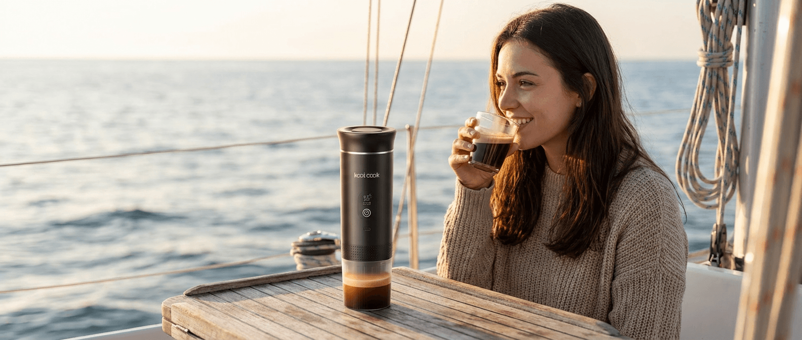 Machine à expresso PCM 31 sur un bateau, une femme savourant son café