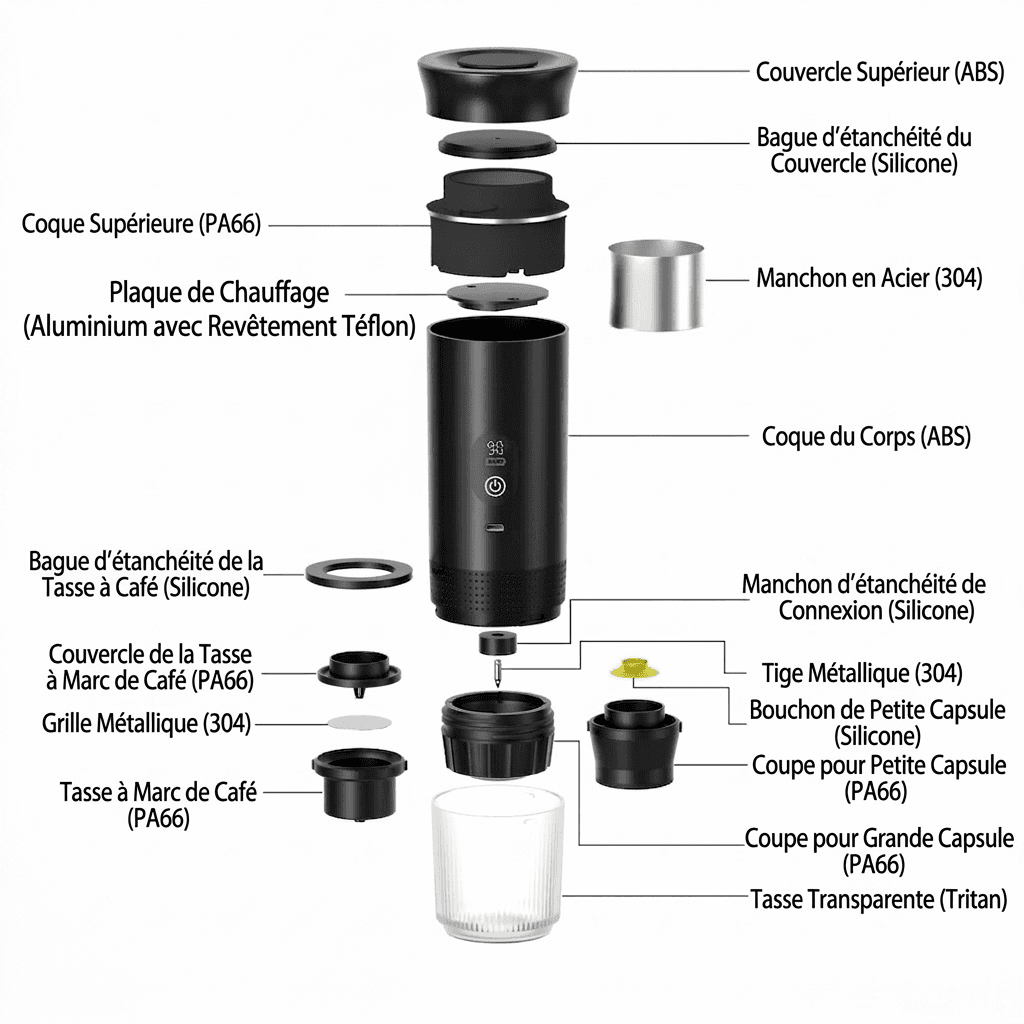 Vue éclatée du PCM31 montrant l'ordre d'assemblage des pièces : couvercle supérieur, bague d'étanchéité, coque, plaque de chauffage, manchon, corps, tasse à marc, grille, coupes pour capsules et tasse de service.